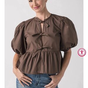 Olivaceous tie front peplum puff sleeve top S